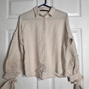 Orfeonegro Cream Embroidered Long Sleeve Blouse